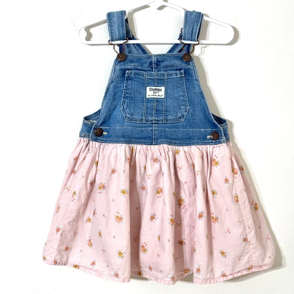 Osh Kosh Denim Overall Dress 3T Pink Floral Skirt Vestbak Country Cowgirl Farm